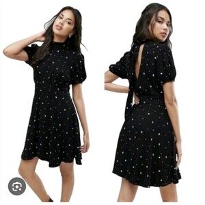 Free People Abbie Printed Polka Dot Mini Dress Mock Neck with Tie Women’s Size 2